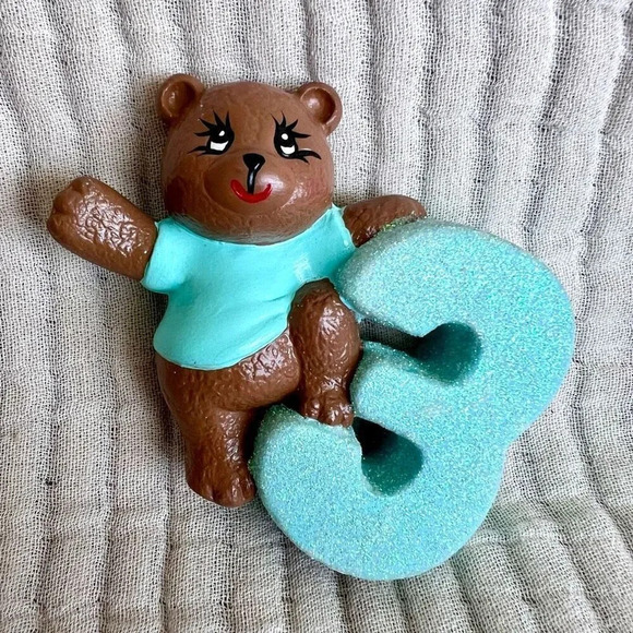 Three Year Old Ceramic Teddy Bear Cake Topper Brown‎ and Aqua Green - Picture 1 of 3